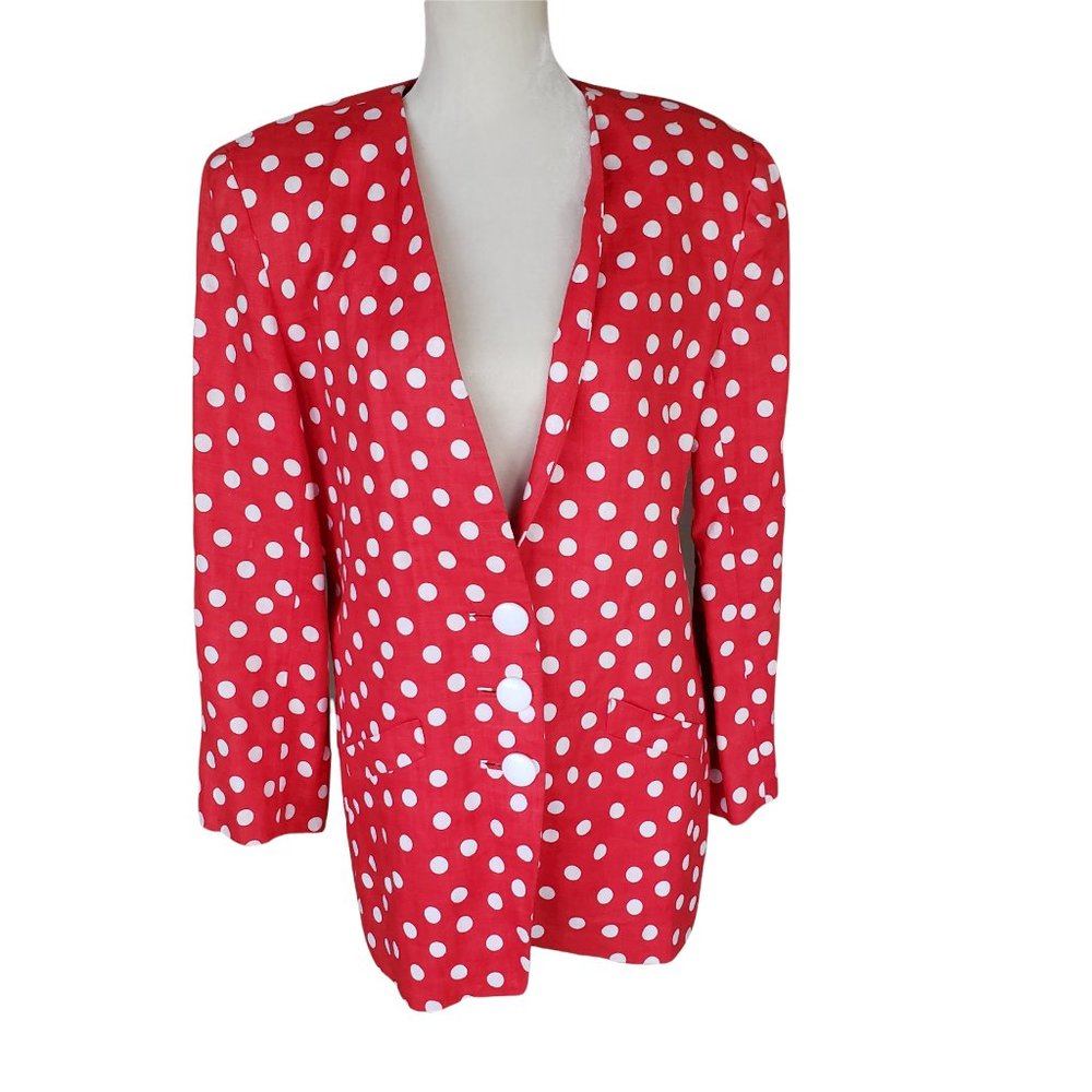 Vintage Rickie Freeman For Terri Jon Womens Blazer Red Linen Polka Dot Size 10